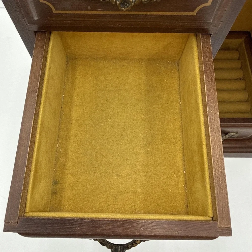 Vtg Jewelry Music Box Chest Etched‎ Glass Doors Drawer Armoire Wooden